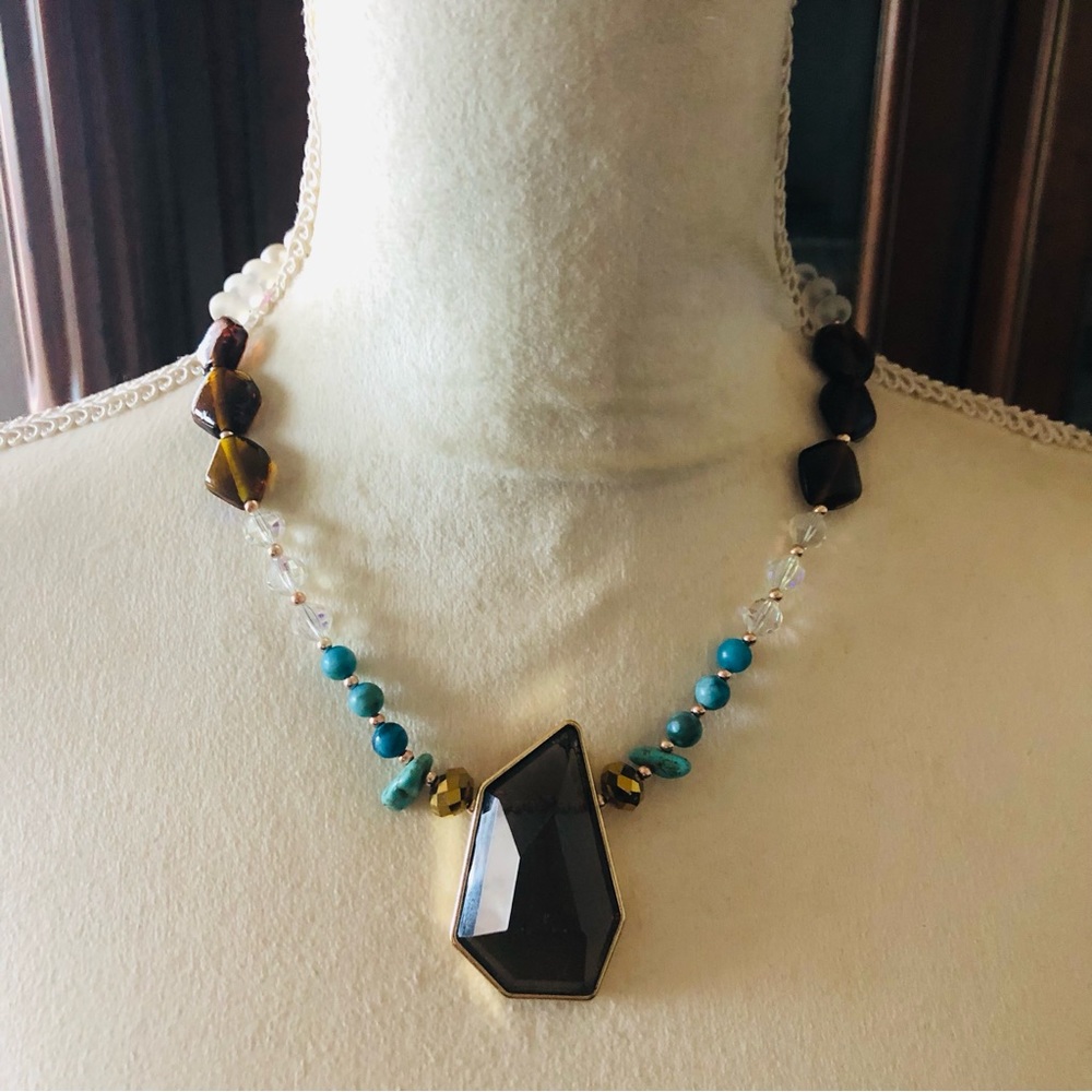 Handcrafted faceted smoky topaz lucite pendant genuine stone mixed bead necklace